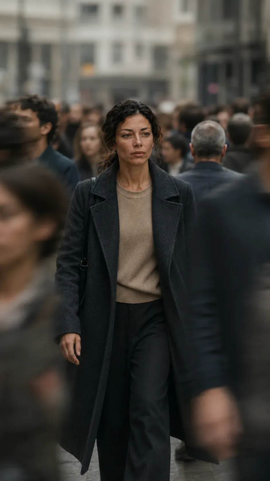 A woman facing the camera amid a blurred moving crowd.