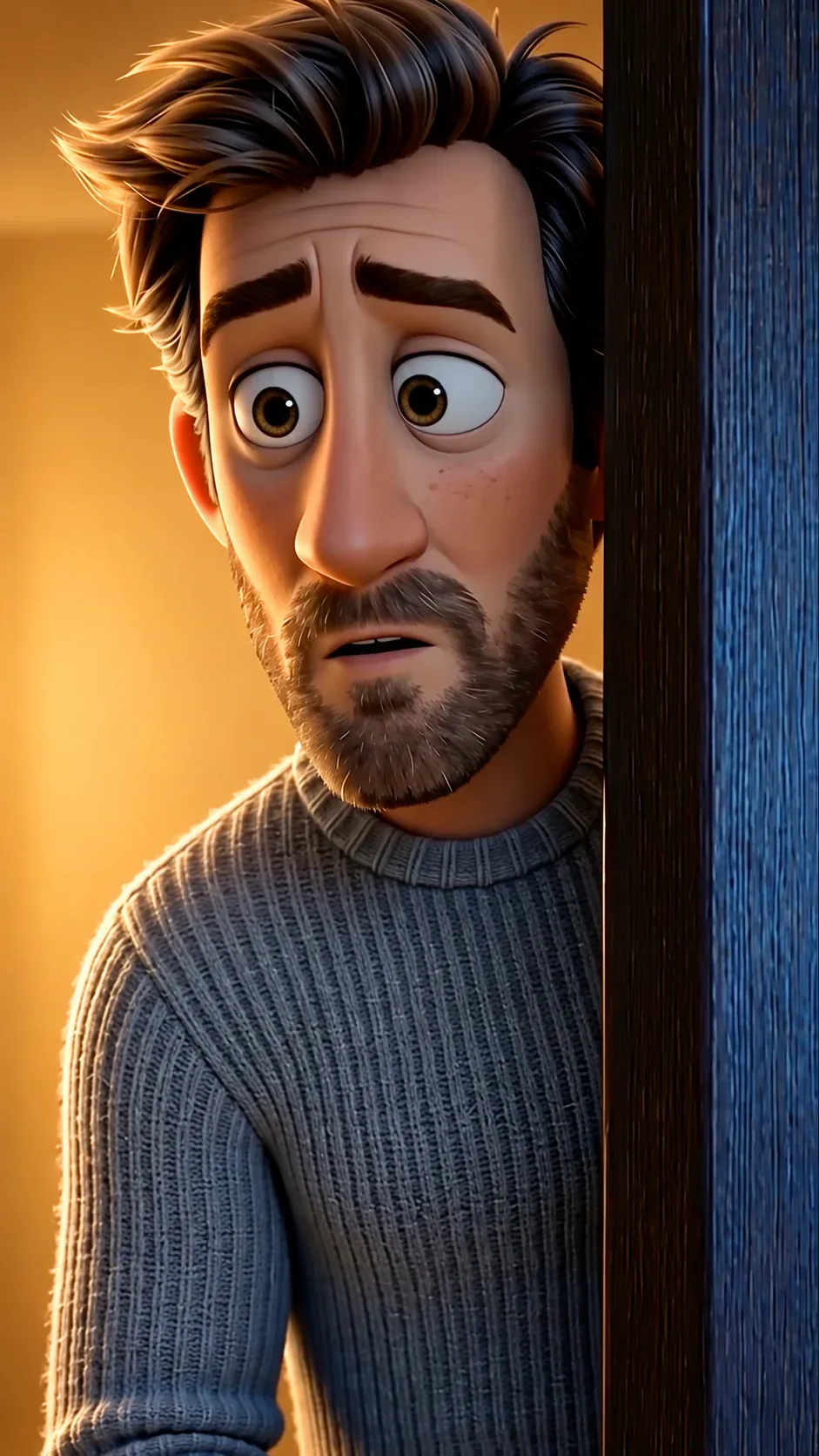 Animated bearded man in a grey sweater peeking around a doorway in warm sunlight.
