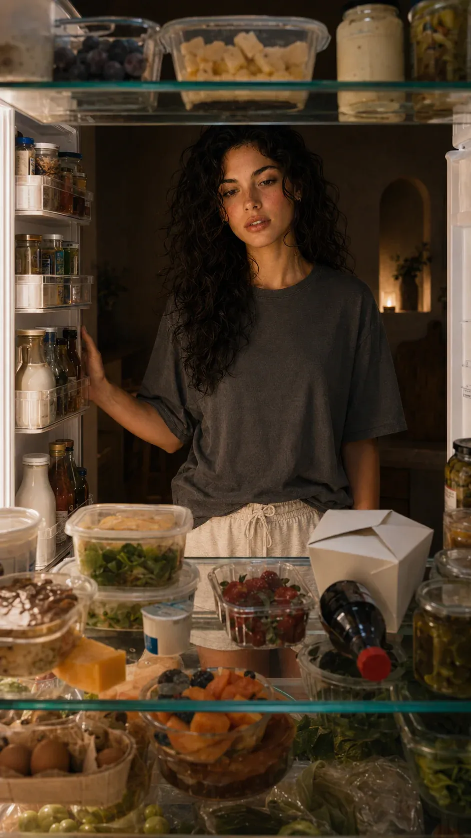 A woman looking into a refrigerator filled with food containers.